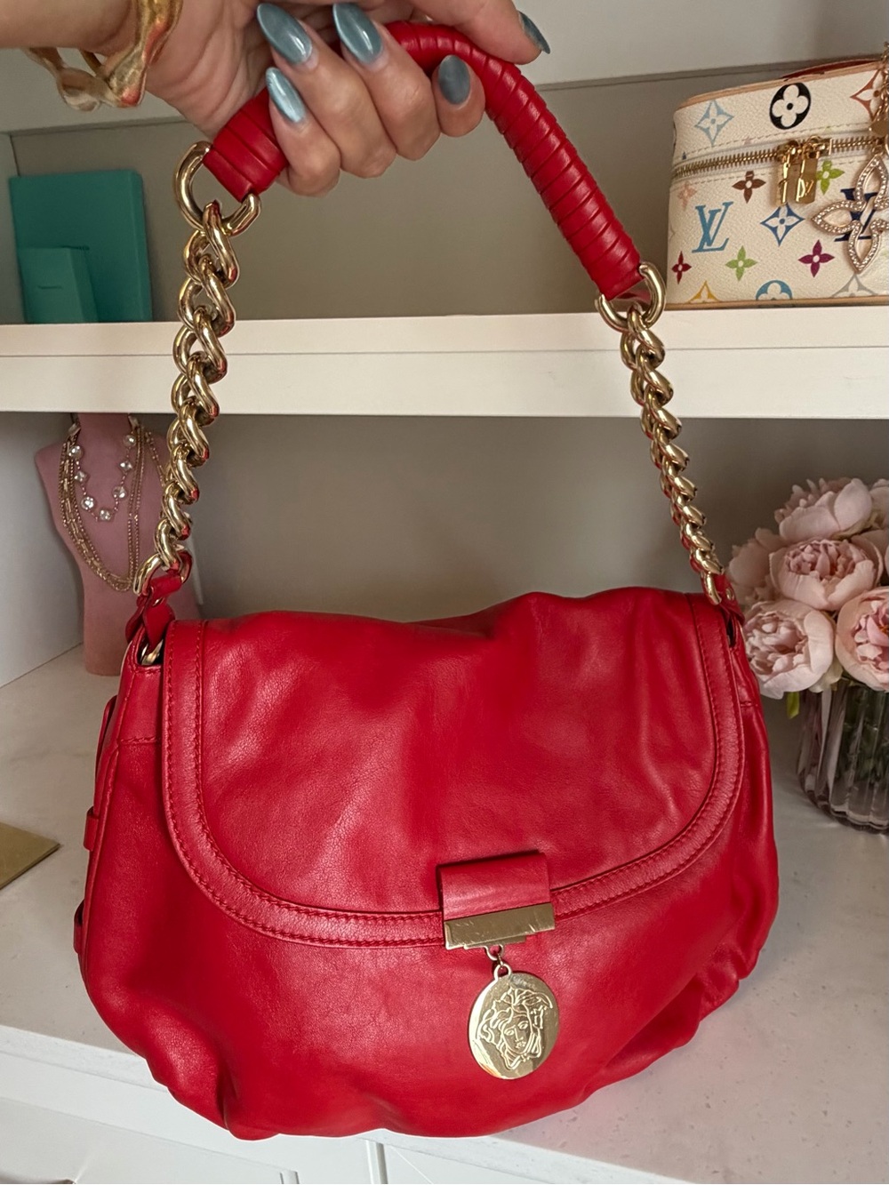 Versace EUC Red Leather Shoulder Bag with Gold Chain Handle Medallion Cloche